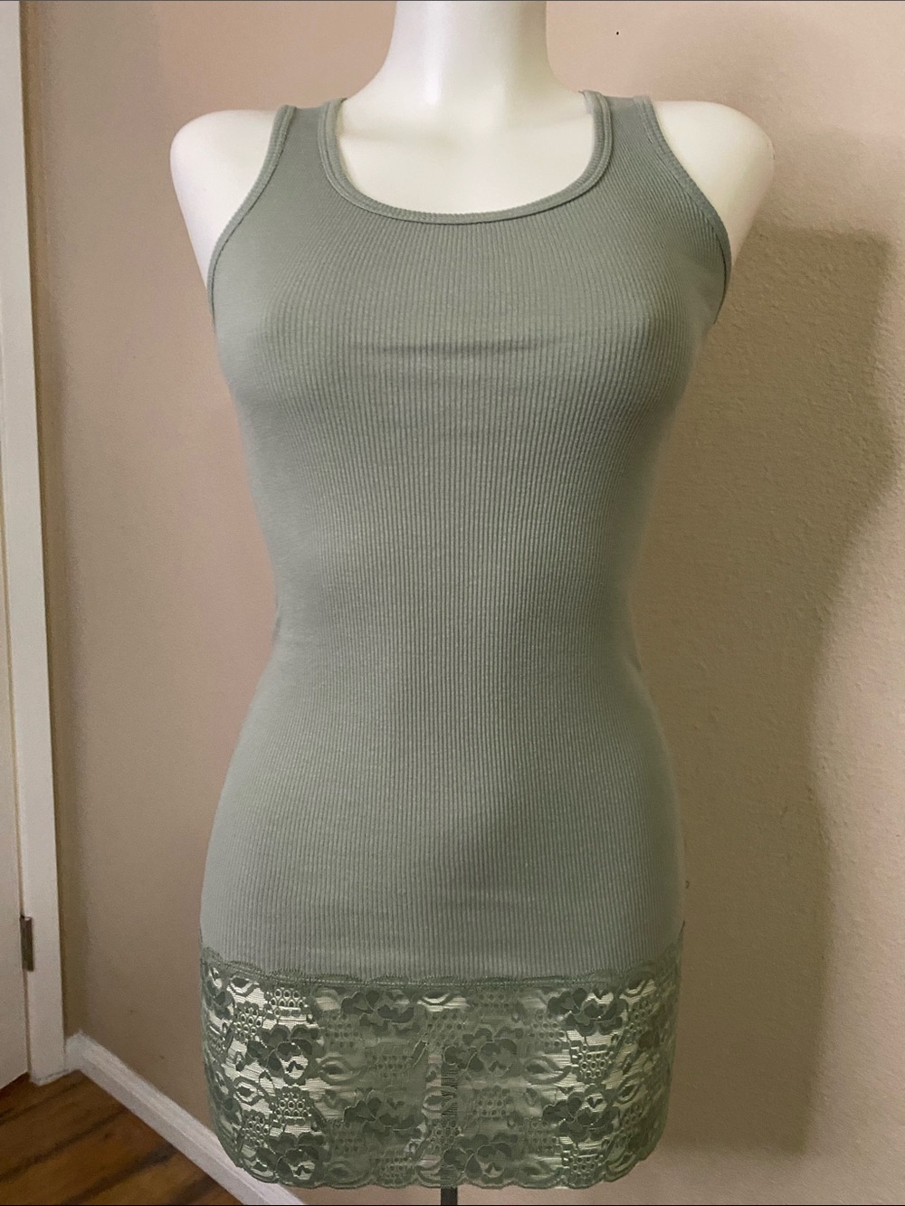 A Fine Mess Olive Ribbed lace bottom club grunge Tank Top dress S